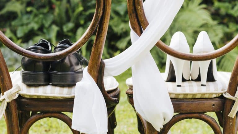 Pair wedding shoes wooden chair park